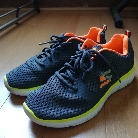 Skechers Flex Advantage Sneakers Navy with Neon Orange and Yellow MEN 6.5/ W 8.5 - Picture 2 of 13